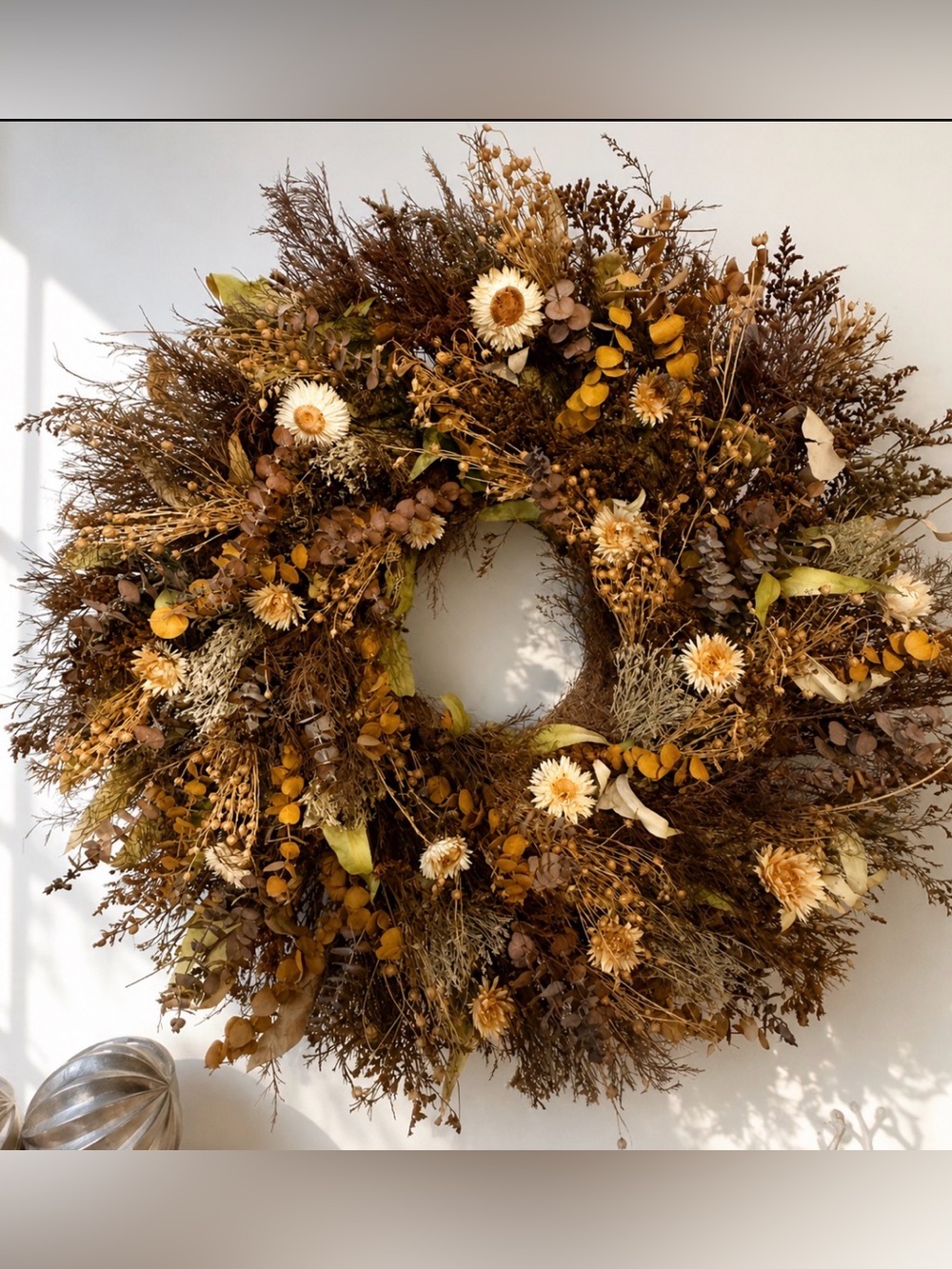 Autumn Dried Floral Wreath - Brown & Cream Holiday Decor
